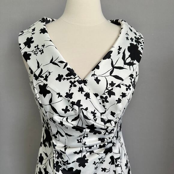 Kay Unger Satin Sheath Portrait Collar Party Cocktail Dress Sz 8 Black and White - Picture 2 of 13